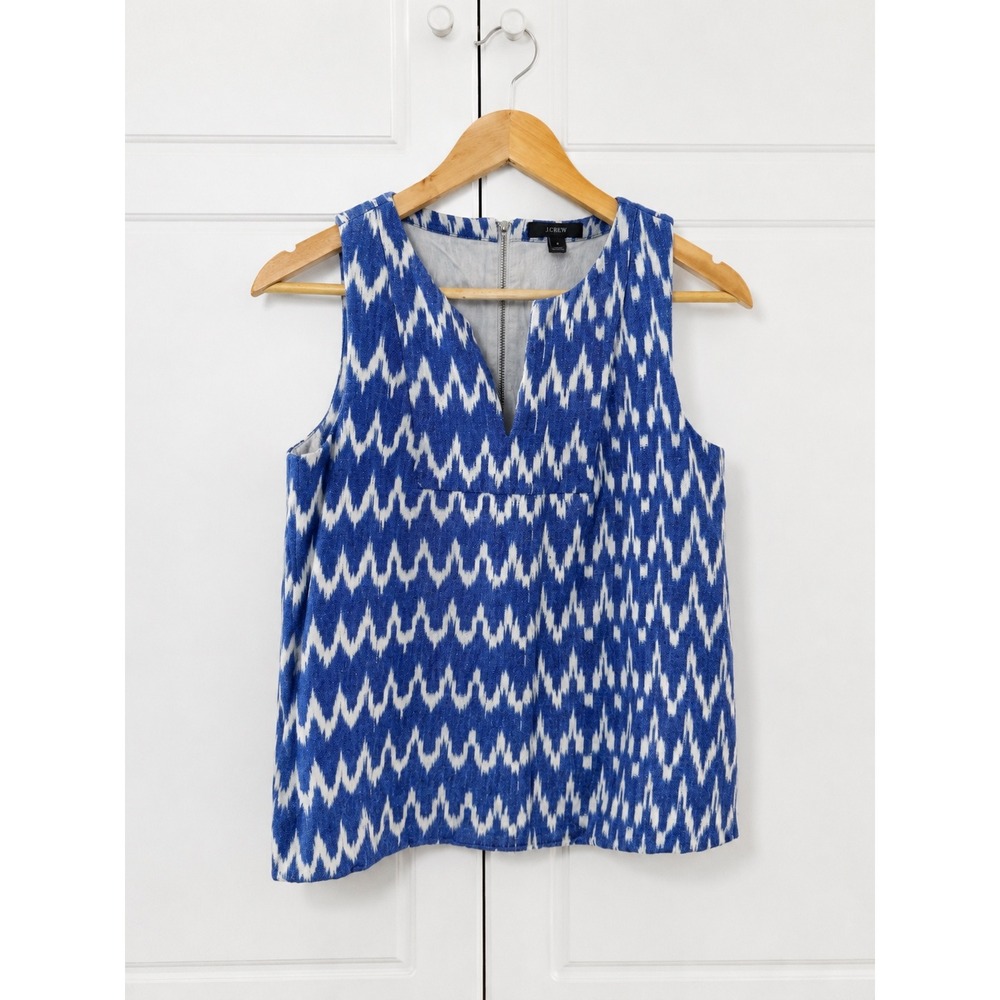 J.Crew Sleeveless Top Women Size 0 Blue Ikat Chevron Preppy V-Neck Cotton